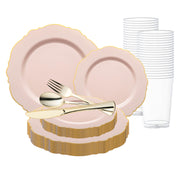 Infuse your event with elegance and charm with the Pink with Gold Rim Round Blossom Disposable Plastic Wedding Value Set, featuring a soft pink hue and luxurious gold cutlery accents