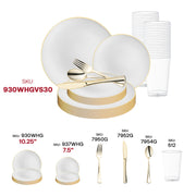 Introduce an air of opulence to your event with the White with Gold Rim Organic Round Disposable Plastic Wedding Value Set, ideal for formal occasions and stylish parties.
