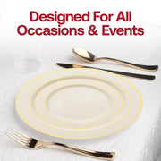 Ivory with Gold Edge Rim Plastic Appetizer/Salad Plates (7.5") Lifestyle | Smarty Had A Party
