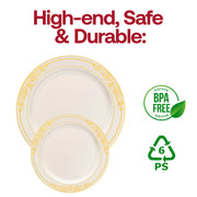 Ivory with Gold Harmony Rim Plastic Dinner Plates (10.25") BPA | Smarty Had A Party