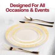 Ivory with Gold Harmony Rim Plastic Dinnerware Value Set Lifestyle | Smarty Had A Party