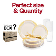 Ivory with Gold Harmony Rim Plastic Wedding Value Set Quantity | Smarty Had A Party