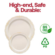 Ivory with Gold Vintage Rim Round Disposable Plastic Appetizer/Salad Plates (7.5") BPA | Smarty Had A Party