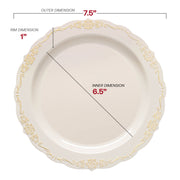 Ivory with Gold Vintage Rim Round Disposable Plastic Appetizer/Salad Plates (7.5") Dimension | Smarty Had A Party