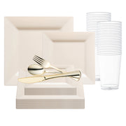 Ivory Square Plastic Wedding Value Set with gold cutlery delivers timeless elegance for weddings, receptions, and events