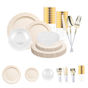 Ivory Vintage Disposable Plastic Tableware Set with gold cutlery offers timeless grace for weddings, banquets, and special events