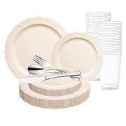 Ivory Vintage Round Disposable Plastic Wedding Value Set with silver cutlery brings timeless beauty to special events