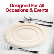 Ivory disposable dinner plates with a round 10-inch design and intricate vintage detailing, ideal for upscale events and celebrations