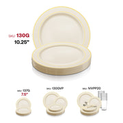 Ivory disposable plastic dinner plates, 10.25-inch round with gold rim