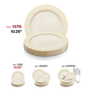 Ivory disposable plastic salad plates, 7.5-inch round with gold rim