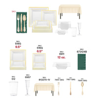 Ivory linens complementing gold-rimmed plates for a cohesive wedding tablescape.
