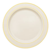 Ivory plastic dinner plates with a gold edge rim, pack of 120, perfect for elegant dining