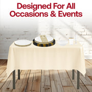 Ivory rectangular tablecloths enhancing the gold-accented plates for elegant banquet settings.