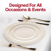 Ivory round disposable dinner plates with a sophisticated gold vintage rim design, 10-inch diameter, ideal for celebrations