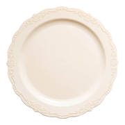 Ivory round disposable plastic dinner plates with a vintage design