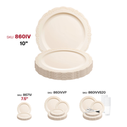 Ivory round disposable plastic plates with a timeless vintage design, 10-inch size