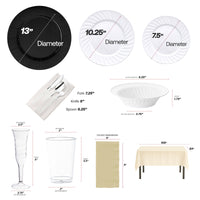 Ivory tablecloth and napkins complement silver flatware and clear cups.