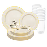 Ivory with Gold Edge Rim Plastic Wedding Value Set with gold cutlery offers timeless elegance for weddings and grand events