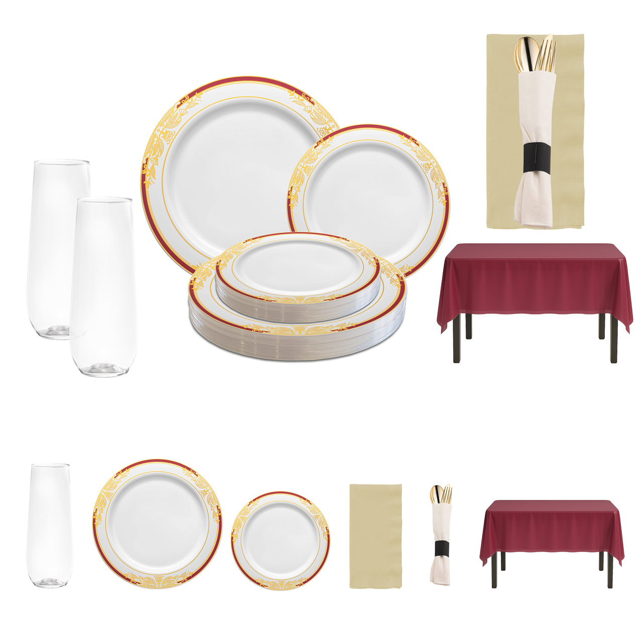 Kiss at Midnight Set featured on a romantic NYE dinner table with burgundy and gold accents.