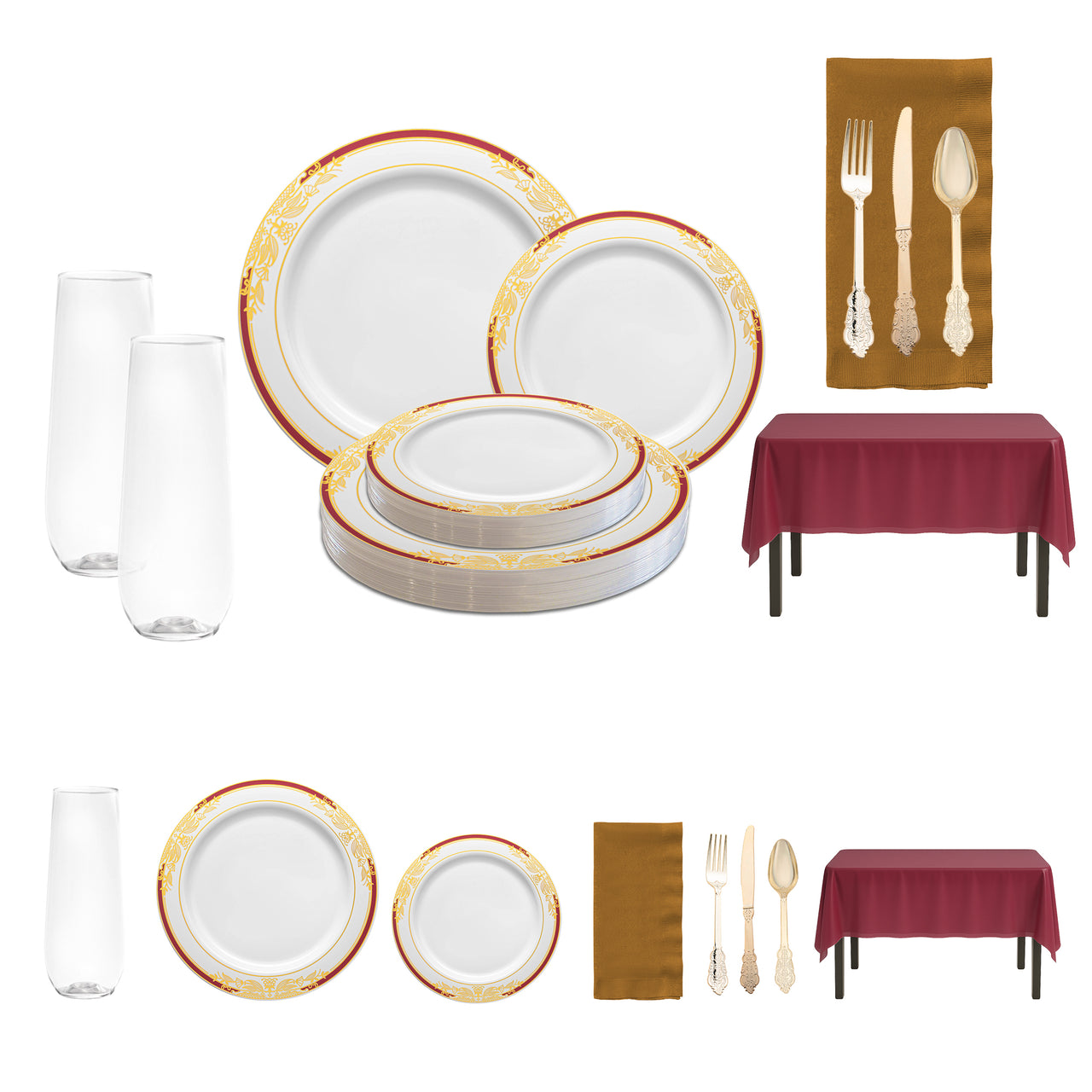 Kiss at Midnight Set featured on a romantic NYE dinner table with burgundy and gold accents.