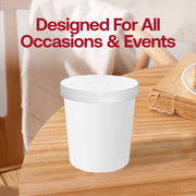 Large 16 oz white squat paper soup cup with secure lid, high-quality disposable food container for hot meals and professional catering.