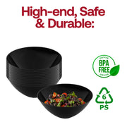 Large 32 oz disposable black plastic bowls, round design, set of 60, BPA-free