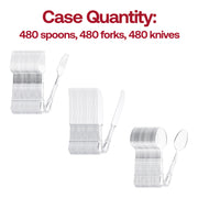 Large 480-piece case of clear plastic Baroque-style forks, knives, and spoons, great for large gatherings