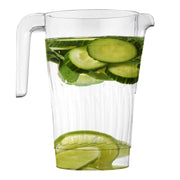 Large 52 oz clear plastic pitchers with a comfortable handle and round shape, great for serving water, juice, or iced tea