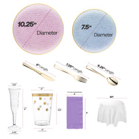 Lavender napkins and champagne flutes complement the hammered glass style dinnerware.