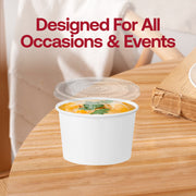 Leak-resistant 6 oz paper soup cups with fitted clear lids keeping sauces and soups secure during transport and service