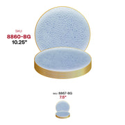 Lightweight and elegant disposable plastic plates with a pearl clear blue color and a gold hammered rim, 10.25-inch diameter, pack of 120