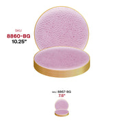 Lightweight disposable plastic plates with a clear pink color and a gold hammered rim