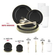 Luxurious black and gold dinnerware displayed in a lifestyle setting, highlighting the set’s premium presentation