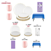 Luxurious clear lotus plates with gold rims paired with ornate silver cutlery, pink cups, and rich-toned linens for an upscale celebration.