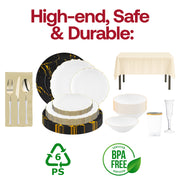 Luxurious disposable dinnerware set with gold charger plates and matching flatware for events.