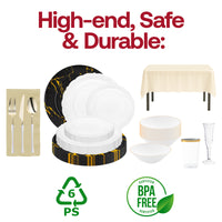 Luxurious disposable dinnerware set with gold charger plates and matching flatware for events