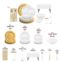 Luxurious disposable set with gold accents, ivory napkins, and white tablecloths.