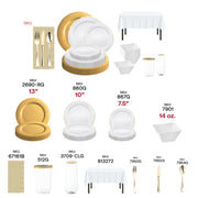Luxurious disposable set with gold accents, ivory napkins, and white tablecloths