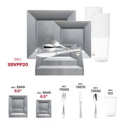 Luxurious event décor highlighted by the Silver Square Plastic Wedding Set, enhanced with gleaming silver cutlery accents