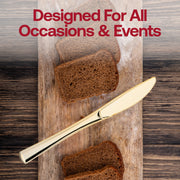Luxurious metallic gold plastic knives with a sleek finish, ideal for upscale dining, weddings, and special occasions