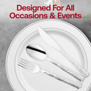 Luxurious metallic silver hammered plastic cutlery set with an upscale design, perfect for fancy events and large gatherings