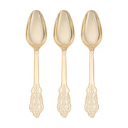 Luxurious shiny metallic gold baroque plastic cutlery set with ornate handles, perfect for upscale events and fine dining.