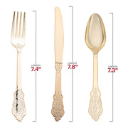 Luxurious shiny metallic gold baroque plastic cutlery set with ornate handles, perfect for upscale events and fine dining.