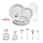 Luxurious wedding reception setup enhanced with the White with Silver Hammered Rim Round Plastic Wedding Value Set and sleek silver cutlery.