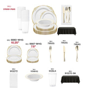 Luxurious white plates with intricate gold detailing, dessert bowls, and metallic gold cutlery for upscale disposable dining.
