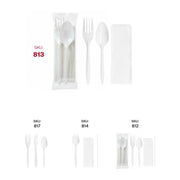 MW cutlery kit with fork, teaspoon, and napkin displayed with SKU 813-CASE for quick product identification and simple bulk reordering.
