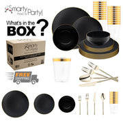 Made from BPA-free, recyclable plastic, the Black with Gold Organic Tableware Set offers luxury dining with eco-conscious design