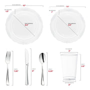 Made from BPA-free, recyclable plastic, the Clear with Silver Vintage Rim Round Disposable Plastic Wedding Value Set offers an eco-friendly and safe solution for your special event