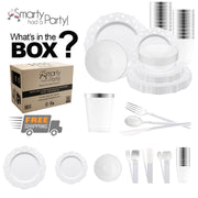 Made from BPA-free, recyclable plastic, the White with Silver Blossom Dots Tableware Set offers sustainable and stylish dining