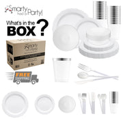 Made from BPA-free, recyclable plastic, the White with Silver Vintage Tableware Set offers eco-friendly beauty for classic events